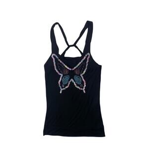 Y2K Sequin Butterfly Applique Black Tank Top